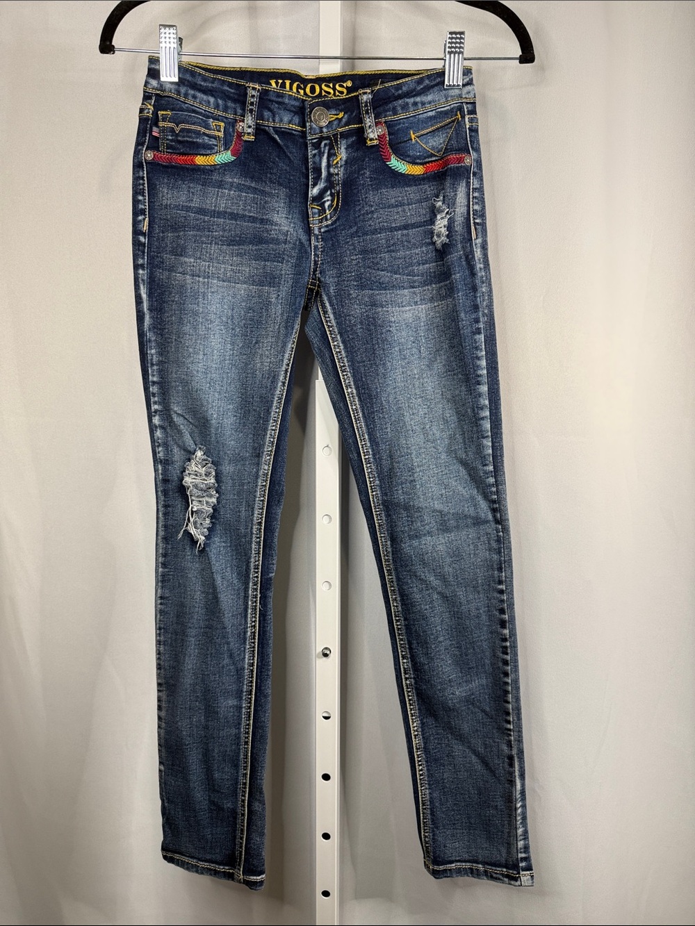 Vigoss Women's Dark Blue Skinny Jeans with Rainbow Pocket Trim